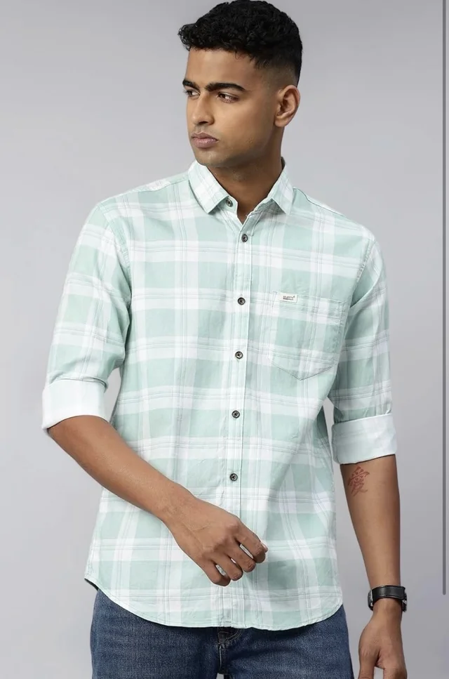 Majestic Man Comfort Slim Fit Pure Cotton Checked Casual Shir - L, Light Green
