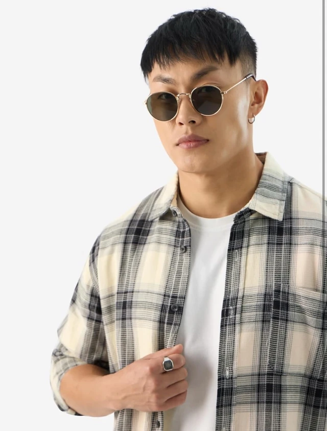The Souled Store Plaid: Waffle Black Men and Boys Long Sleeve Collared Neck Button Front Regular Fit Cotton Shirts - S, Beige and Black
