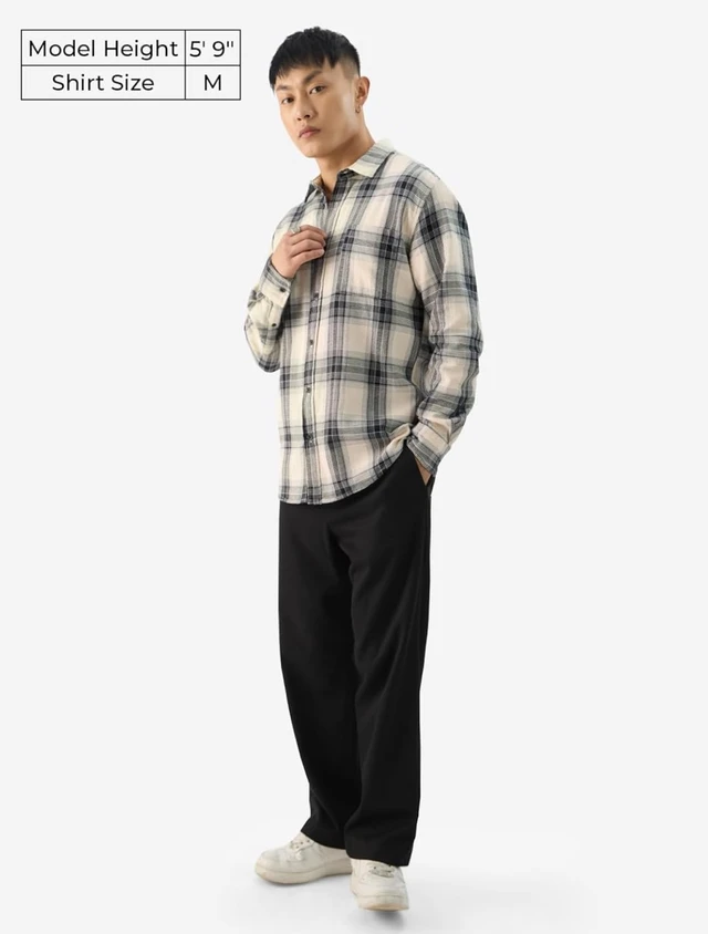 The Souled Store Plaid: Waffle Black Men and Boys Long Sleeve Collared Neck Button Front Regular Fit Cotton Shirts - XL, Beige and Black