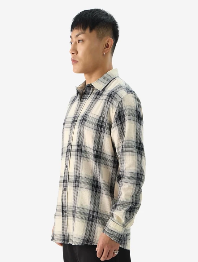 The Souled Store Plaid: Waffle Black Men and Boys Long Sleeve Collared Neck Button Front Regular Fit Cotton Shirts - 2XL, Beige and Black