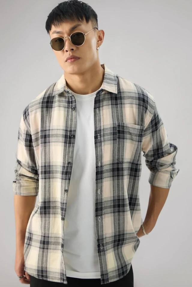 The Souled Store Plaid: Waffle Black Men and Boys Long Sleeve Collared Neck Button Front Regular Fit Cotton Shirts - 3XL, Beige and Black