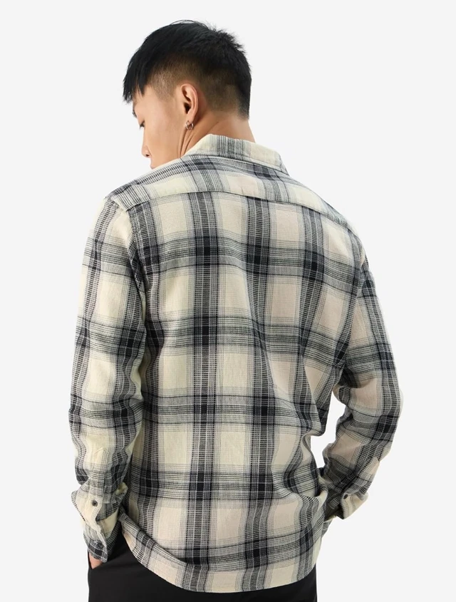 The Souled Store Plaid: Waffle Black Men and Boys Long Sleeve Collared Neck Button Front Regular Fit Cotton Shirts - 3XL, Beige and Black