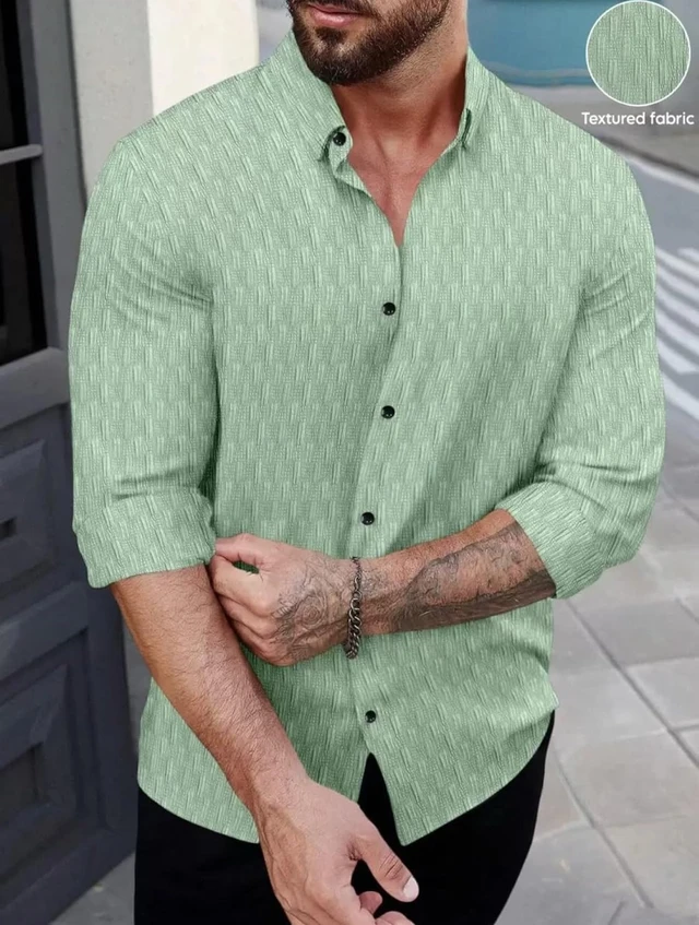 DEELMO Men's Regular Fit Button Down Dress Shirts Textured Long Sleeve Casual Hawaiian Shirt - S