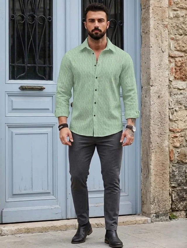 DEELMO Men's Regular Fit Button Down Dress Shirts Textured Long Sleeve Casual Hawaiian Shirt - S