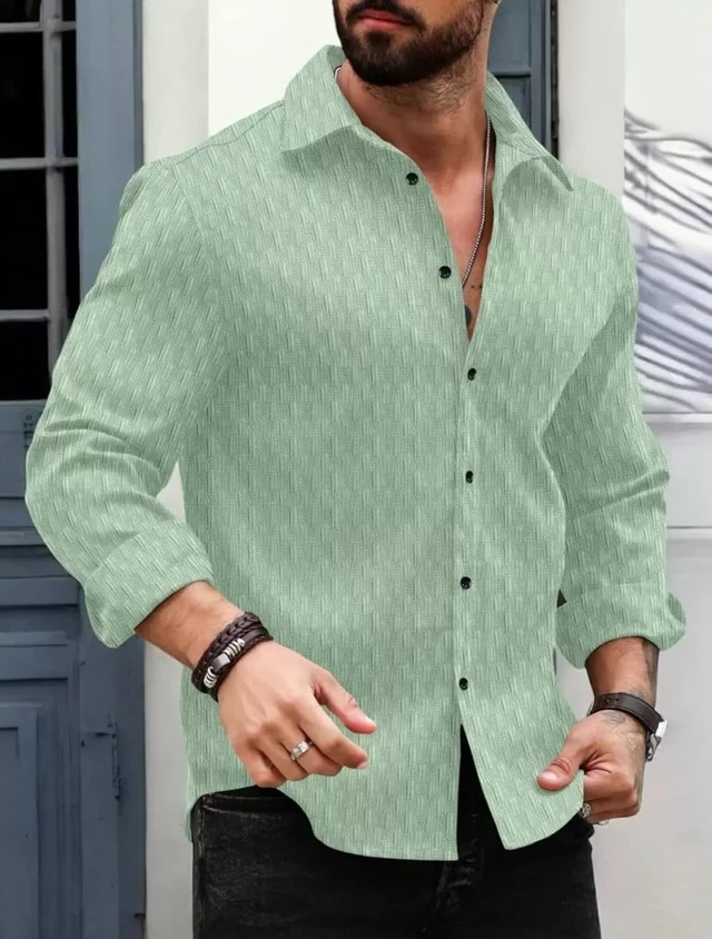 DEELMO Men's Regular Fit Button Down Dress Shirts Textured Long Sleeve Casual Hawaiian Shirt - M