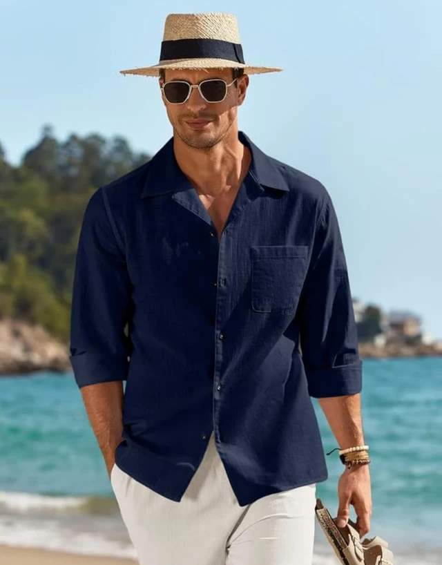 Combo of Men’s Casual Cotton Blend Shirt || Long Sleeve Button Down with Spread Collar | Lightweight Breathable Fabric | Stylish Solid Shirt for Beach, Office & Everyday Wear Pack of 2 - S