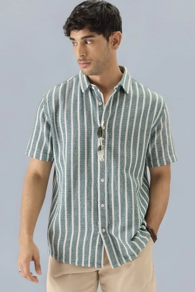 The Souled Store TSS Originals: Stripes Green Printed Men and Boys Collared Long Sleeve Button Down Regular Fit Shirts Shirts Casual Button-Down Half Sleeve Printed Graphic Short Sleeve Casual - S, Stripes Green