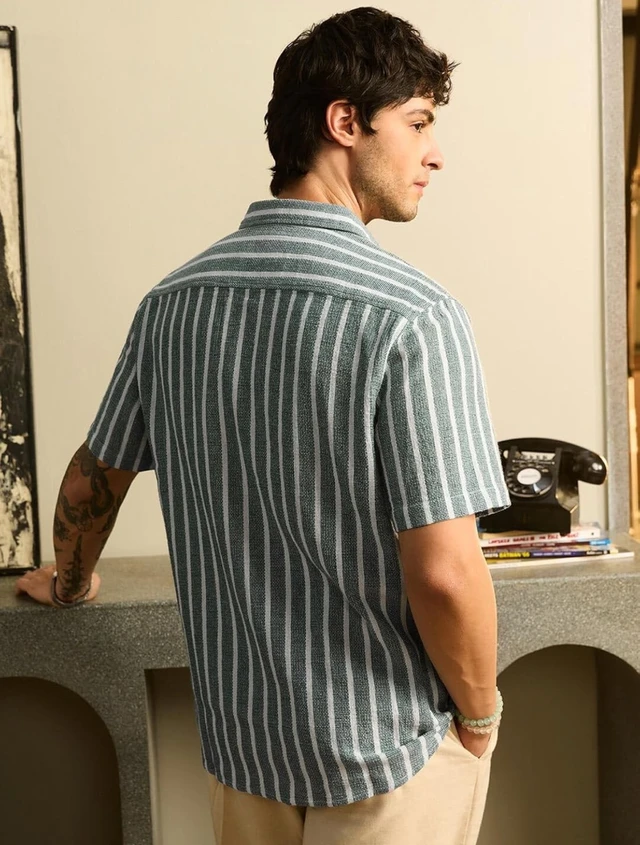 The Souled Store TSS Originals: Stripes Green Printed Men and Boys Collared Long Sleeve Button Down Regular Fit Shirts Shirts Casual Button-Down Half Sleeve Printed Graphic Short Sleeve Casual - S, Stripes Green