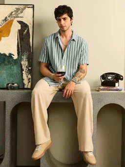 The Souled Store TSS Originals: Stripes Green Printed Men and Boys Collared Long Sleeve Button Down Regular Fit Shirts Shirts Casual Button-Down Half Sleeve Printed Graphic Short Sleeve Casual - M, Stripes Green