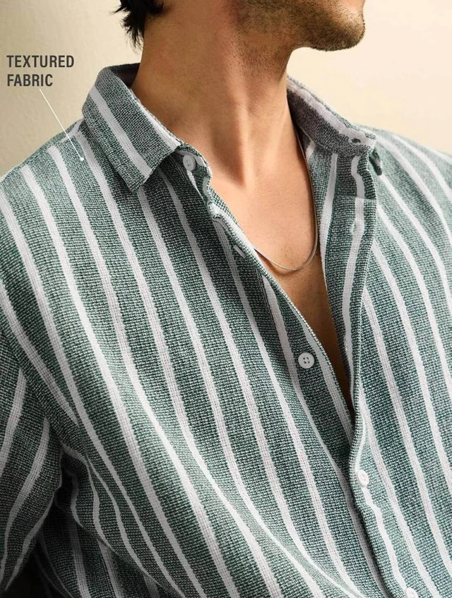 The Souled Store TSS Originals: Stripes Green Printed Men and Boys Collared Long Sleeve Button Down Regular Fit Shirts Shirts Casual Button-Down Half Sleeve Printed Graphic Short Sleeve Casual - L, Stripes Green