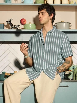 The Souled Store TSS Originals: Stripes Green Printed Men and Boys Collared Long Sleeve Button Down Regular Fit Shirts Shirts Casual Button-Down Half Sleeve Printed Graphic Short Sleeve Casual - XL, Stripes Green
