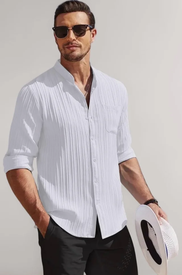 Leriya Fashion Shirt for Man Textured Shirts for Men | Long Sleeve Button Down Shirt |Beach Holiday Trendy Evening & Vacation Outfit - 4XL, White