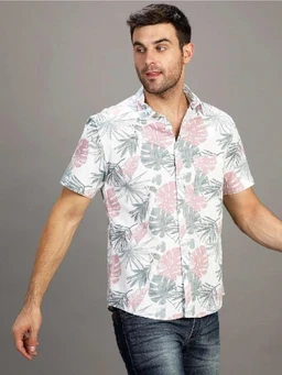 Men Cotton Blend White Floral Printed Half Sleeve Shirt | Regular Fit Collared Neck Casual & Office Wear Stylish Shirt for Men - M