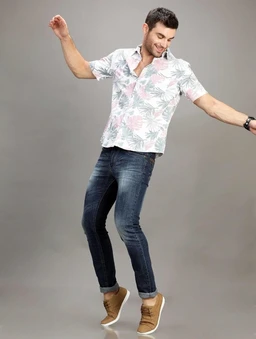 Men Cotton Blend White Floral Printed Half Sleeve Shirt | Regular Fit Collared Neck Casual & Office Wear Stylish Shirt for Men - M
