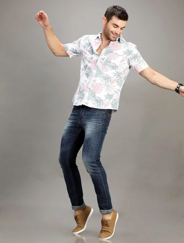 Men Cotton Blend White Floral Printed Half Sleeve Shirt | Regular Fit Collared Neck Casual & Office Wear Stylish Shirt for Men - M