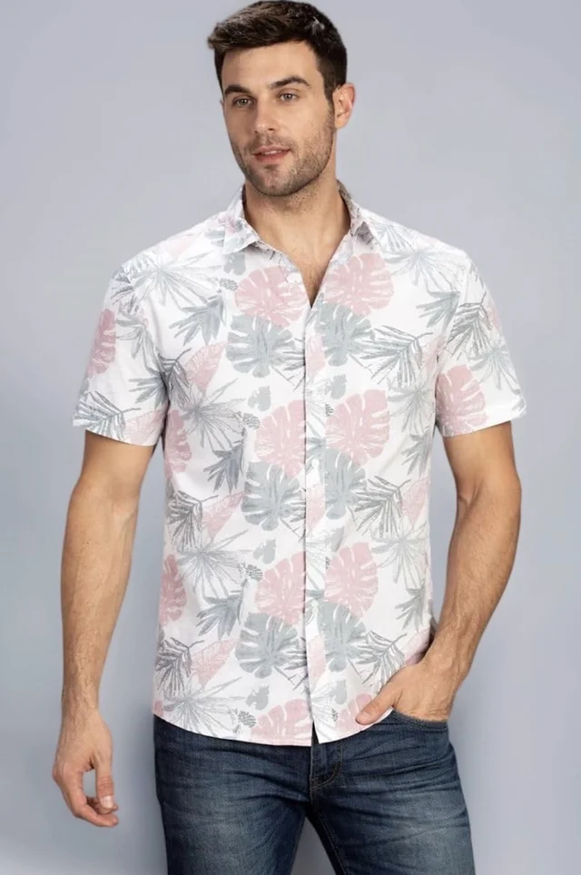 Men Cotton Blend White Floral Printed Half Sleeve Shirt | Regular Fit Collared Neck Casual & Office Wear Stylish Shirt for Men - 2XL