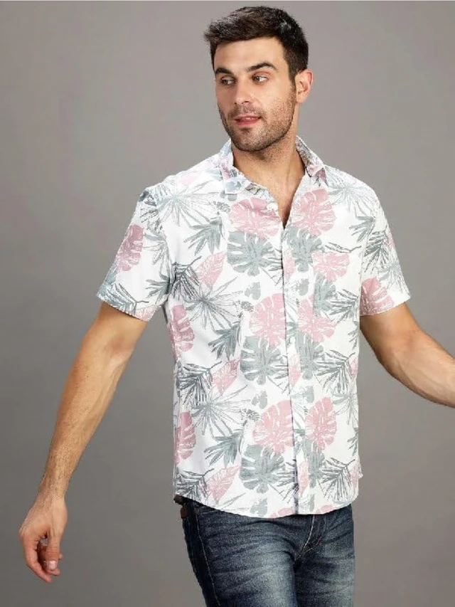 Men Cotton Blend White Floral Printed Half Sleeve Shirt | Regular Fit Collared Neck Casual & Office Wear Stylish Shirt for Men - 2XL