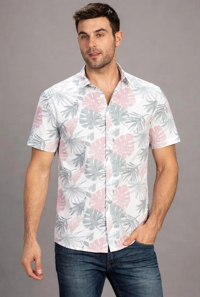 Men Cotton Blend White Floral Printed Half Sleeve Shirt | Regular Fit Collared Neck Casual & Office Wear Stylish Shirt for Men - 4XL