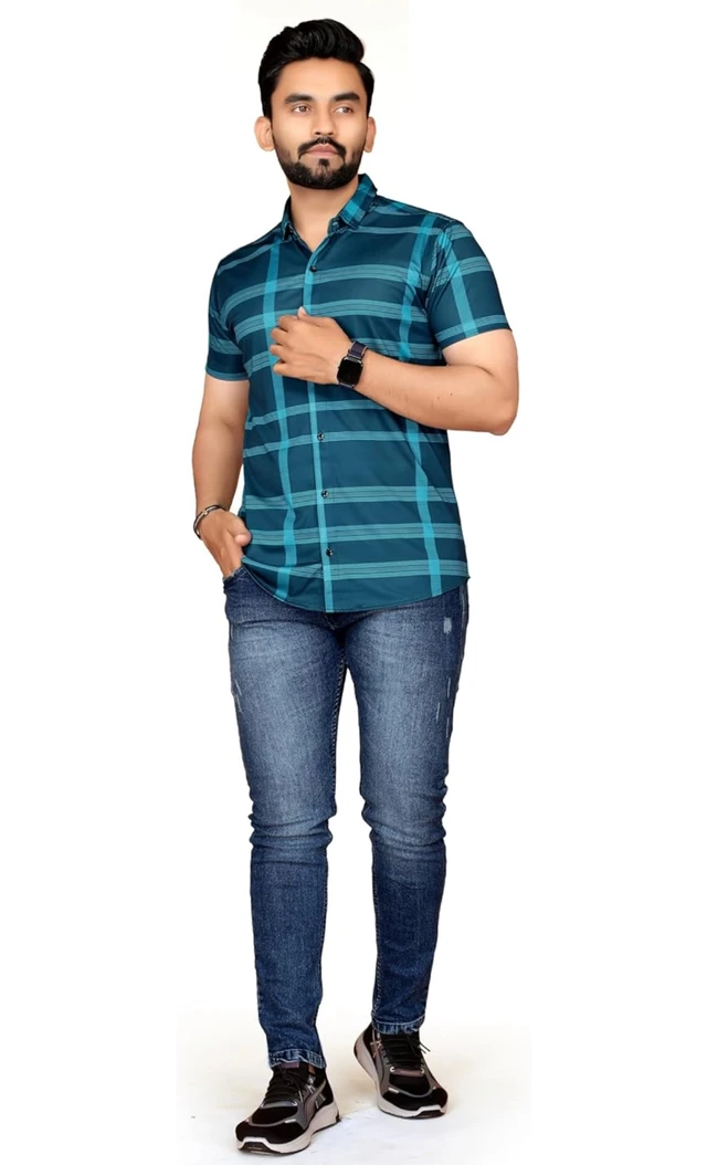 FABRIPPLE Men's Printed Half Sleeve Shirt for Casual Wear | Stylish Geometric Pattern Slim Fit for Men | Summer Trendy Short Sleeve Shirt - L