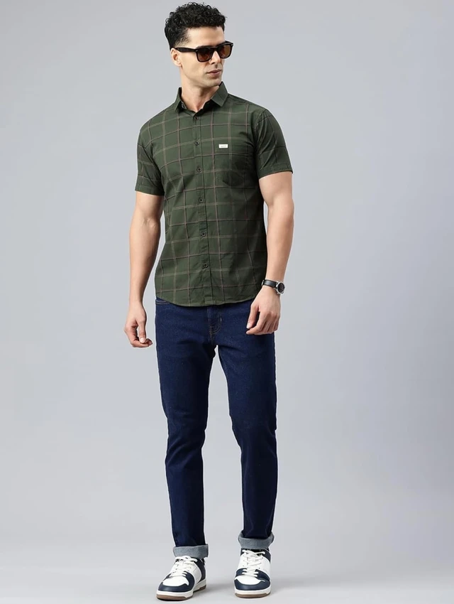 Majestic Man Men Comfort Slim Fit Checked Pure Cotton Half Sleeve Casual Shirt - 3XL