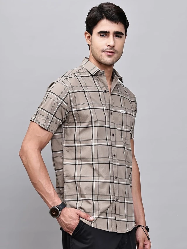 Majestic Man Slim Fit Pure Cotton Half Sleeve Checked Casual Shirt - L