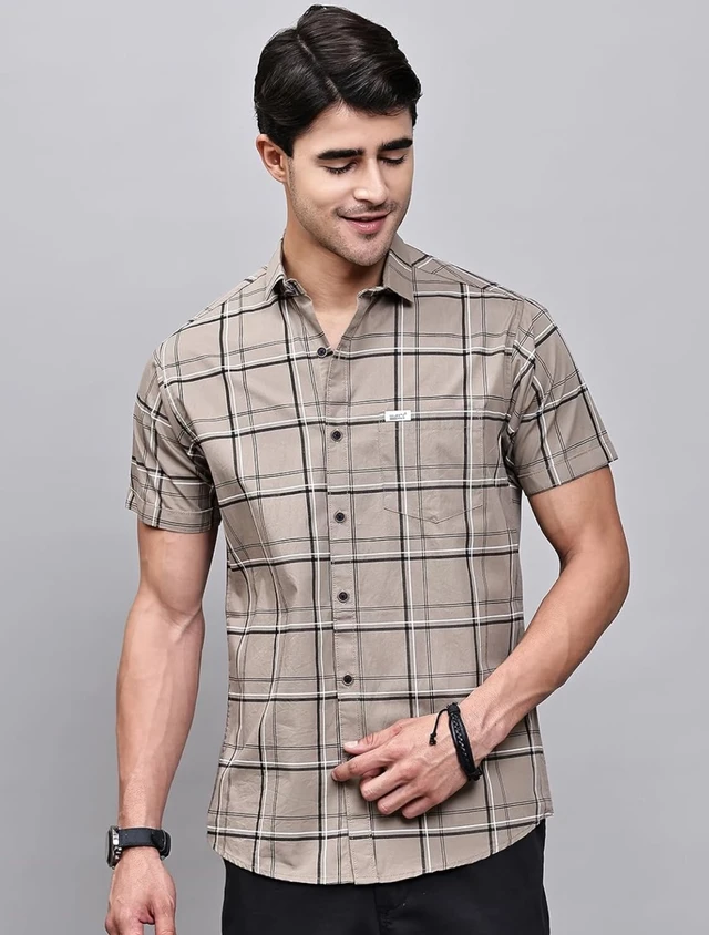 Majestic Man Slim Fit Pure Cotton Half Sleeve Checked Casual Shirt - 3XL