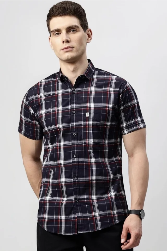 Majestic Man Slim Fit Short Sleeve Checked Pure Cotton Casual Shirt - S