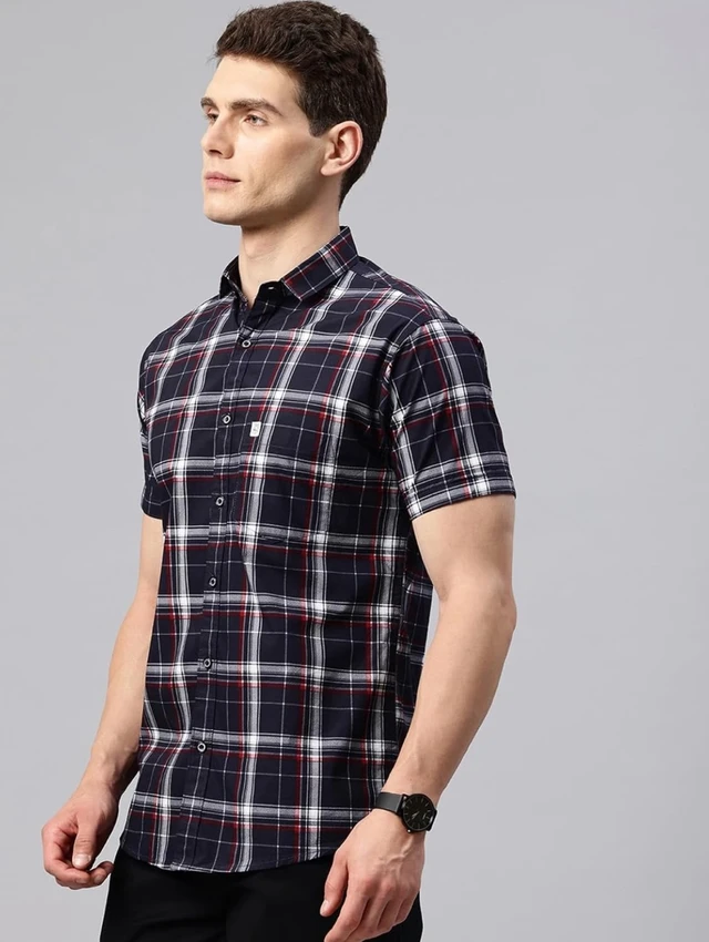 Majestic Man Slim Fit Short Sleeve Checked Pure Cotton Casual Shirt - S