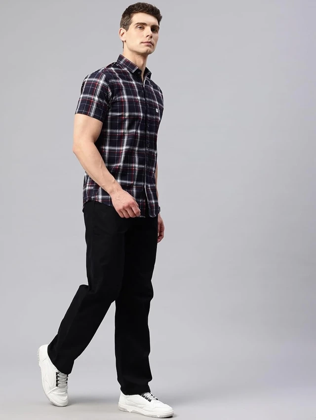 Majestic Man Slim Fit Short Sleeve Checked Pure Cotton Casual Shirt - S