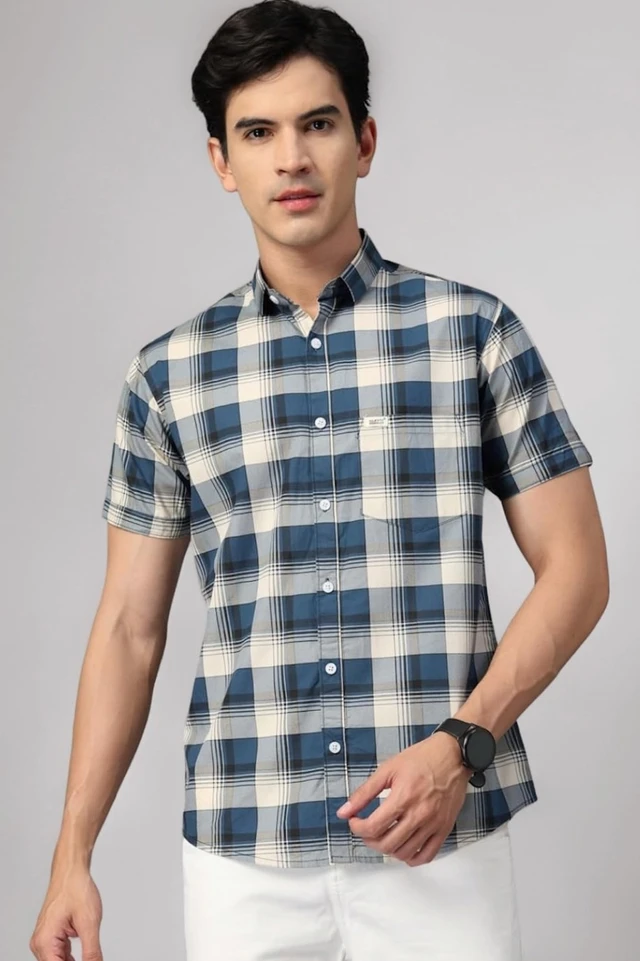 Majestic Man Men’s Slim Fit Premium Pure Cotton Plaid Check Half Sleeve Casual Shirt - L