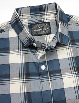 Majestic Man Men’s Slim Fit Premium Pure Cotton Plaid Check Half Sleeve Casual Shirt - L