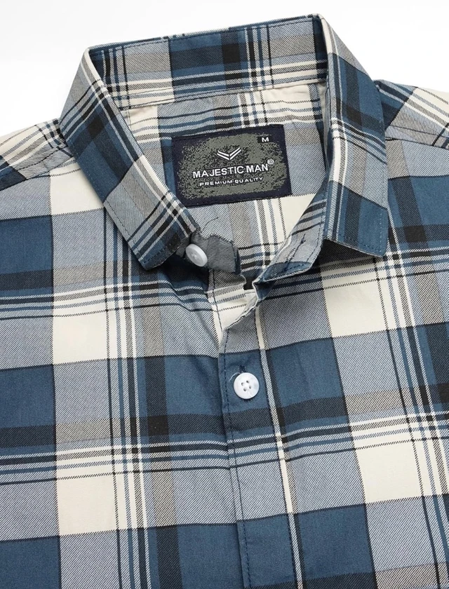 Majestic Man Men’s Slim Fit Premium Pure Cotton Plaid Check Half Sleeve Casual Shirt - L