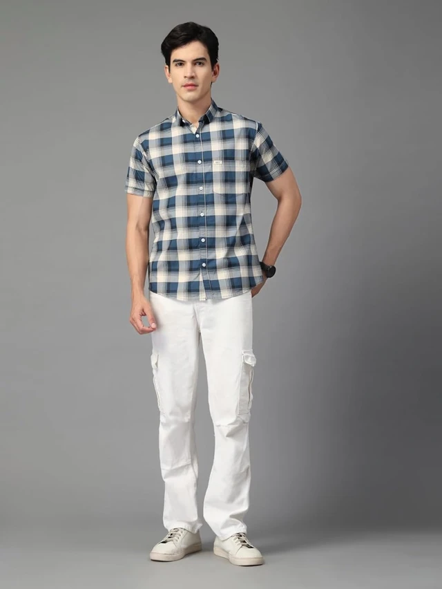 Majestic Man Men’s Slim Fit Premium Pure Cotton Plaid Check Half Sleeve Casual Shirt - L