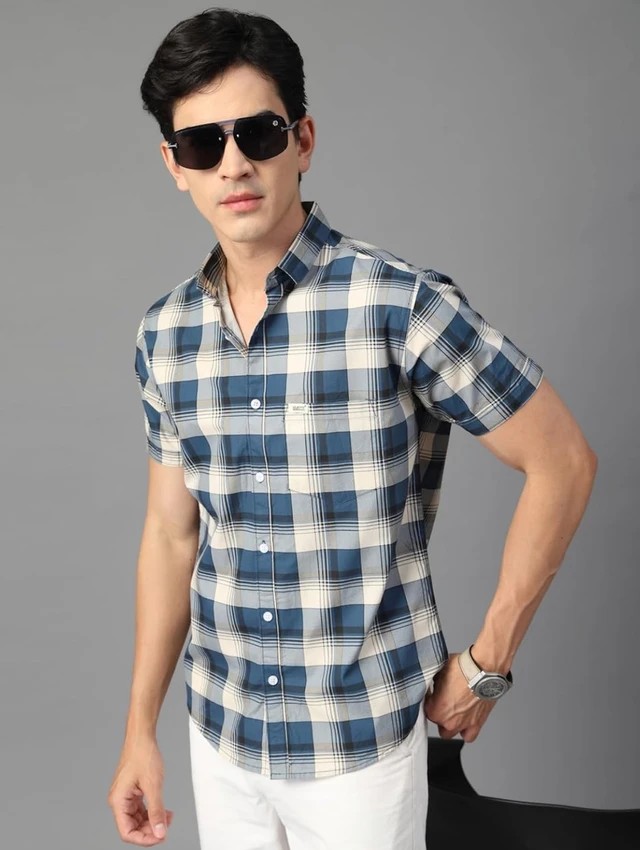 Majestic Man Men’s Slim Fit Premium Pure Cotton Plaid Check Half Sleeve Casual Shirt - 3XL