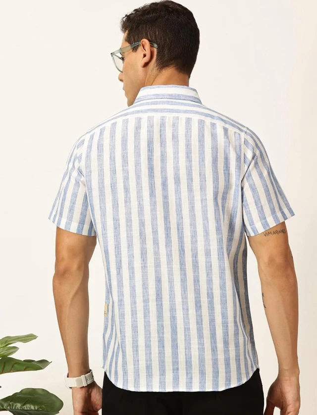 Thomas Scott Men's | Stripes | Half Sleeve | Slim Fit | Linen Blend | Spread Collar | Casual Shirt - M