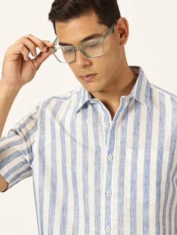 Thomas Scott Men's | Stripes | Half Sleeve | Slim Fit | Linen Blend | Spread Collar | Casual Shirt - M