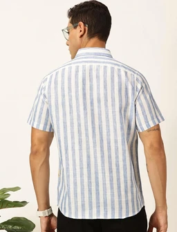 Thomas Scott Men's | Stripes | Half Sleeve | Slim Fit | Linen Blend | Spread Collar | Casual Shirt - L