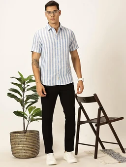 Thomas Scott Men's | Stripes | Half Sleeve | Slim Fit | Linen Blend | Spread Collar | Casual Shirt - XXL