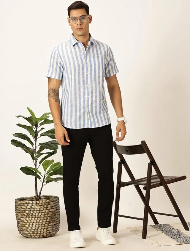 Thomas Scott Men's | Stripes | Half Sleeve | Slim Fit | Linen Blend | Spread Collar | Casual Shirt - XXL