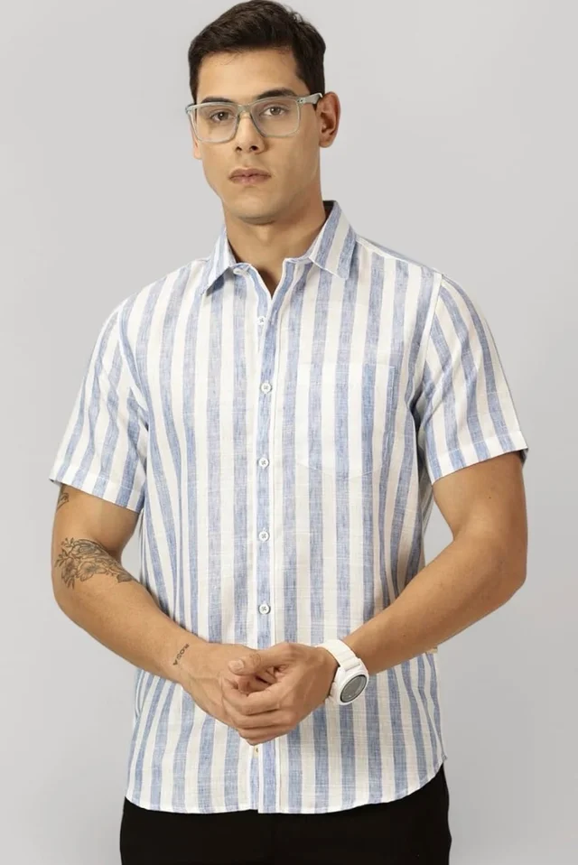 Thomas Scott Men's | Stripes | Half Sleeve | Slim Fit | Linen Blend | Spread Collar | Casual Shirt - 3XL