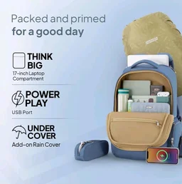 American Tourister Jit+ 2.0 Style 02 | 28L Backpack | 17" Laptop Bag | 2 Compartments | Smart College & Office Backpack for Men and Women | USB Charging Port, Rain Cover & Smart Sleeve | Mirage Blue | 1 Year Global Warranty