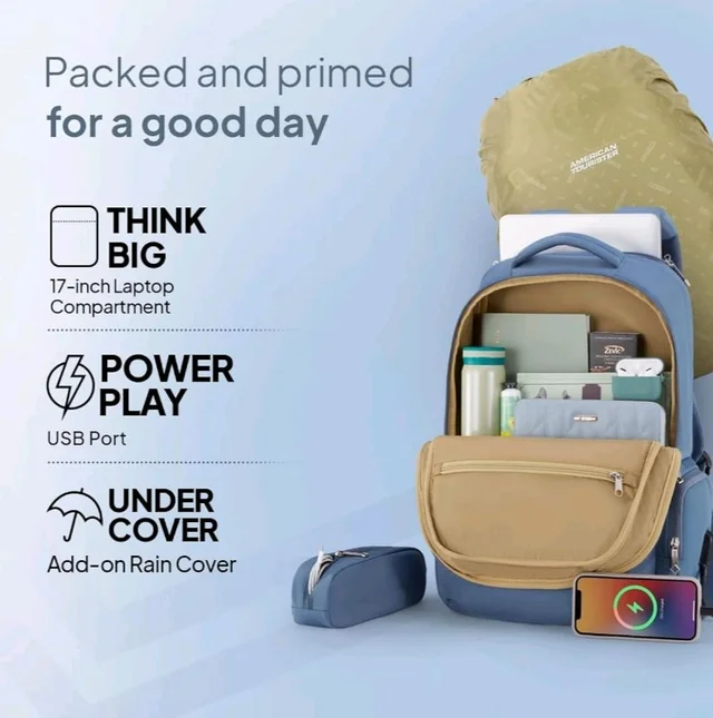 American Tourister Jit+ 2.0 Style 02 | 28L Backpack | 17" Laptop Bag | 2 Compartments | Smart College & Office Backpack for Men and Women | USB Charging Port, Rain Cover & Smart Sleeve | Mirage Blue | 1 Year Global Warranty