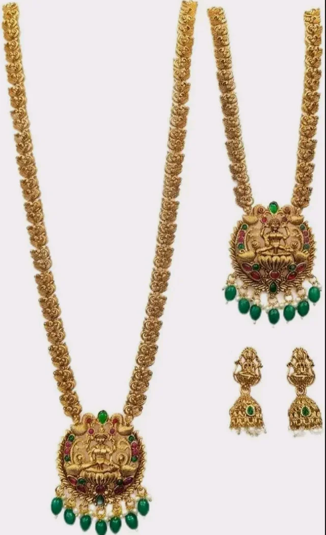 Lakshmi Deity Pendant, Emerald & Ruby Stones, Jhumka Earrings Included, Long & Short Necklace, Festive & Bridal Wear