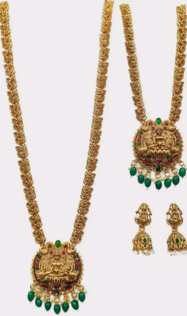 Lakshmi Deity Pendant, Emerald & Ruby Stones, Jhumka Earrings Included, Long & Short Necklace, Festive & Bridal Wear