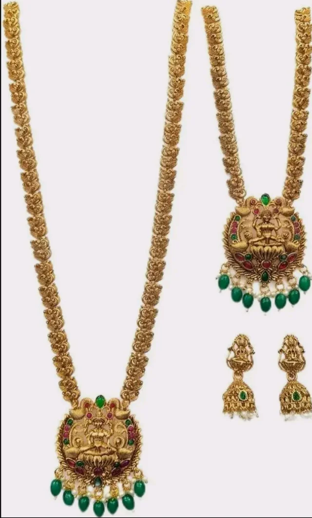 Lakshmi Deity Pendant, Emerald & Ruby Stones, Jhumka Earrings Included, Long & Short Necklace, Festive & Bridal Wear