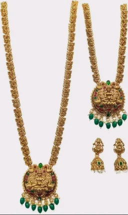 Lakshmi Deity Pendant, Emerald & Ruby Stones, Jhumka Earrings Included, Long & Short Necklace, Festive & Bridal Wear