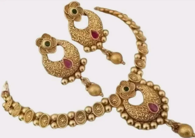 Traditional Gold-Plated Antique Necklace Set for Women with Matching Earrings | Bridal/Jewellery