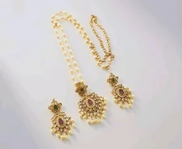 Sasitrends Traditional Gold Plated Pearl Mala Chain Pendant Necklace with Earrings Jewellery Set for Women and Girls