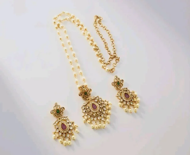 Sasitrends Traditional Gold Plated Pearl Mala Chain Pendant Necklace with Earrings Jewellery Set for Women and Girls