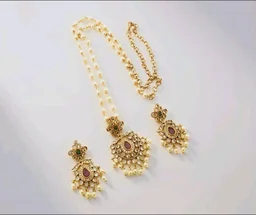 Sasitrends Traditional Gold Plated Pearl Mala Chain Pendant Necklace with Earrings Jewellery Set for Women and Girls